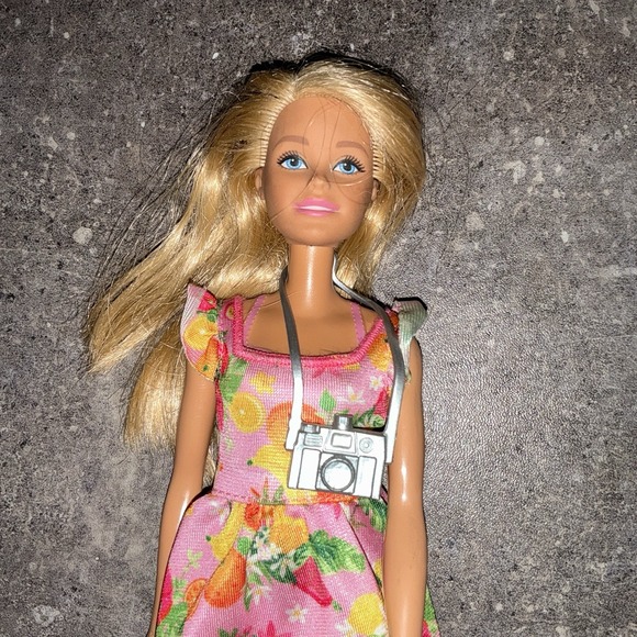 Mattel Other - Mattel Barbie Blonde Hair Blue Eyes Pink Fruit Dress Camera Pineapple Lemon